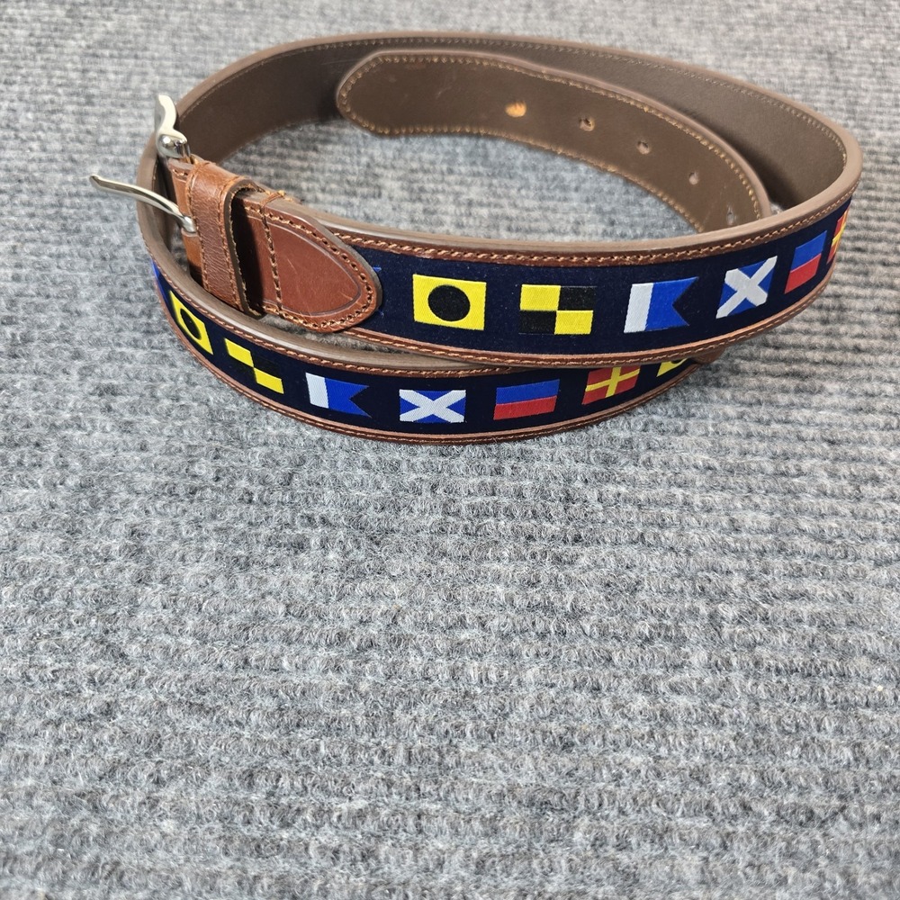 Jos A Bank Brown Leather Belt Nautical Flag Ribbon Sz 36 1-1/4"Wide